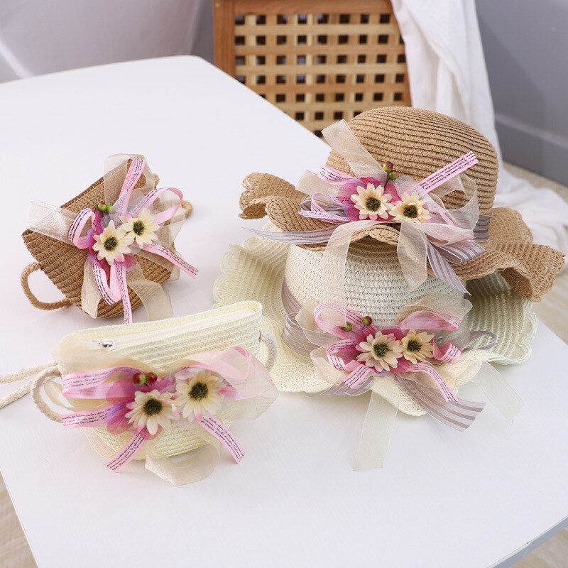 Hotsale Zomer Twee Stuk Een Set Kind Leuke Daisy Bloemen Schoudertas En Strooien Hoed Baby Meisje Zonnehoed Panama cap Gorros