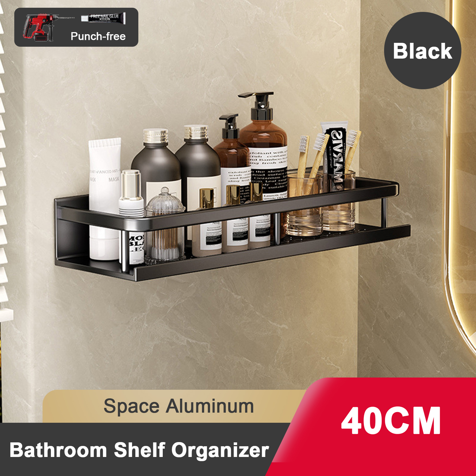 Support de salle de bain sans poinçon, étagère de salle de bain, espace de toilette en aluminium, sans perceuse, support suspendu, organisateur de salle de bain, accrocher au mur