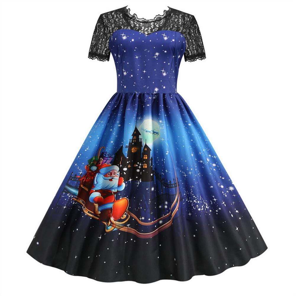 Vestidos de natal do vintage para as mulheres manga curta renda swing vestido vintage cocktail balanço natal impresso vestido de festa traje: L / Azul