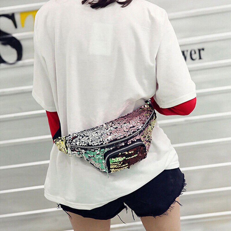 Women Waist Packs Girls Sequins Glitter Bag Fanny Pouch Hip Purse Satchel Chest Casual Ladies Handbags