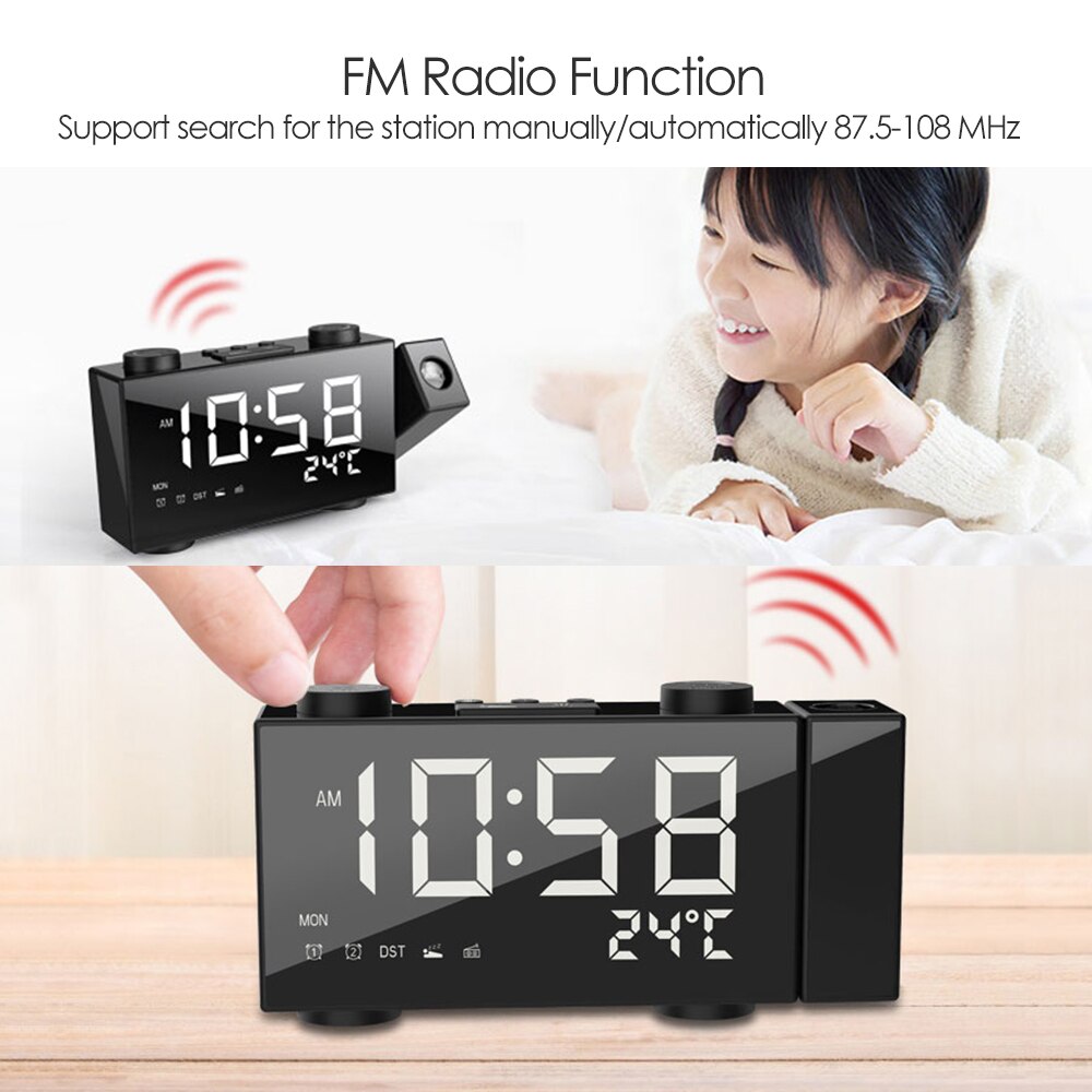 Digital Alarm Clock Dual Alarm Clock With Snooze Function LED Projector With FM Projection Radio USBb/Battery Powered