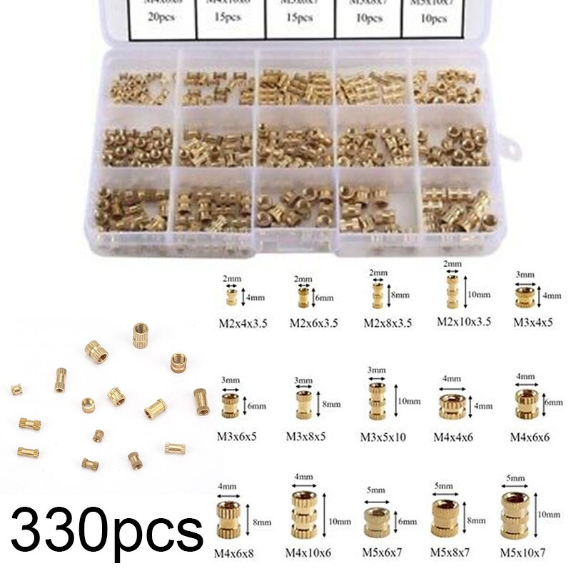 330Pcs Knurled Nuts M2 M3 M4 M5 Brass Threaded Insert Fastener Assortment Kit Heat-resistant Rust-proof Tool Accessories
