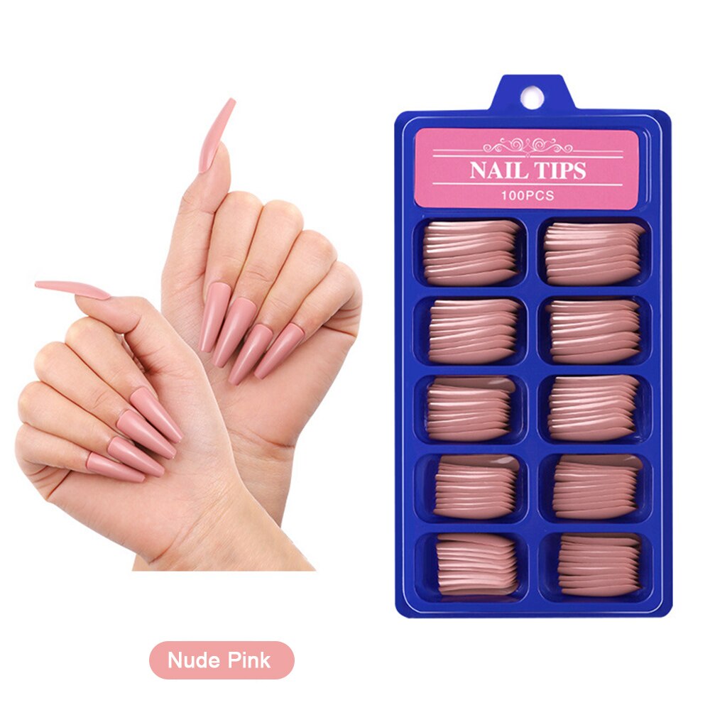 100 pièces/boîte couleur pleine couverture faux ongles conseils artificiels faux ongles longue ballerine couleur Pure pointe d'ongle 10 tailles outil de manucure: Nude Pink