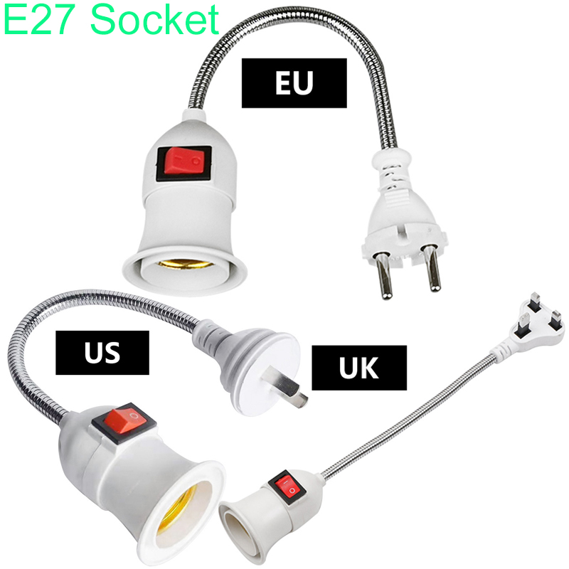 E27-Sockel-Adapter mit Ein-Aus-Schalter auf US-EU-UK-Stecker, flexible Verlängerung, Lampenfassung, Konverter