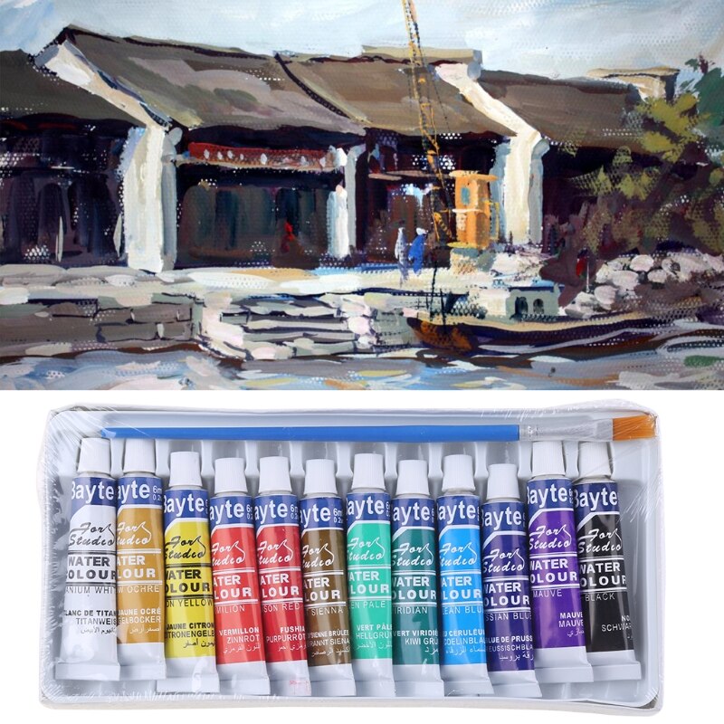 12 Colors Tubes 6ml Paint Tube Drawing Painting Watercolor Pigment Set With Brush Art Supplies