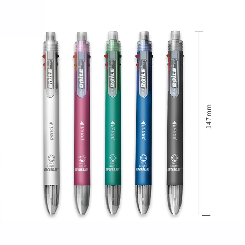 6 In 1 Multicolor Ballpoint Pen Multifunction Pen Contain 5 Color Ball Pen & 1 Automatic Pencil Top Eraser Office School Supply