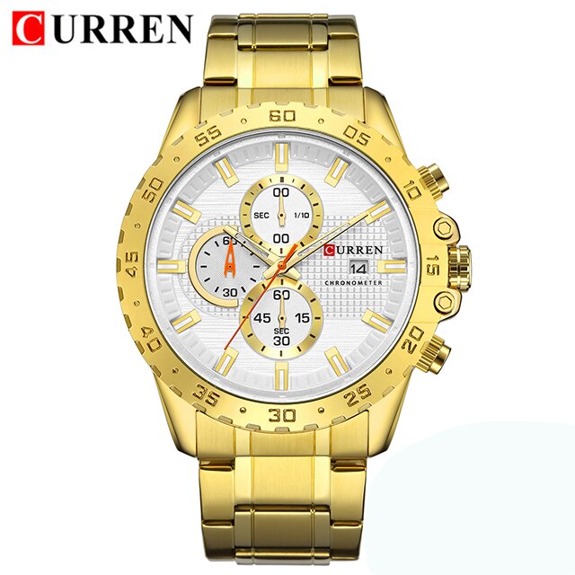 Curren 8334 Mannen Horloge Top Brand Luxe Gouden Mannelijke Horloges Chronograaf Goud Man Horloge Relogio Masculino: gold white