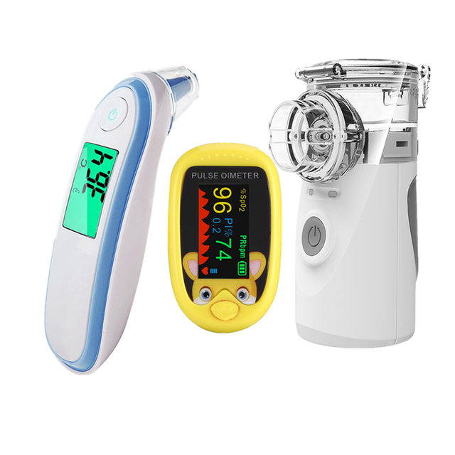 Oxímetro de dedo recargable para bebé, termómetro infrarrojo digital, Mini inhalador silencioso portátil, nebulizador: yellow grey blue