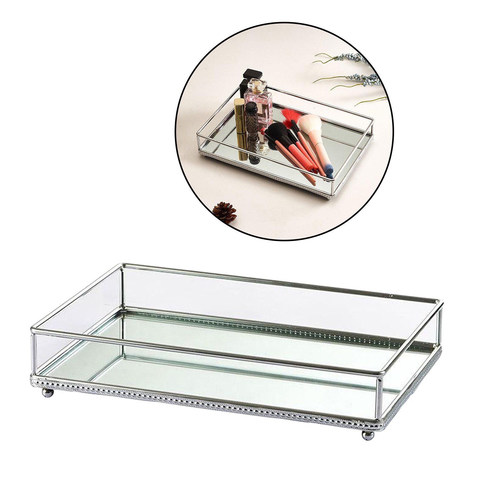 Rectangular Dresser Vanity Mirror Tray Dresser Make Up Perfume Desk Organizer: Silver