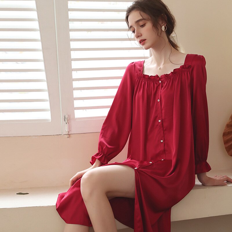 Women Satin Nightwear Autumn Ice Silk Romantic Nightgown Long Sleepshirts Comfy Sleepwear Peignoir Vintage Victorian Night Dress: Red / S