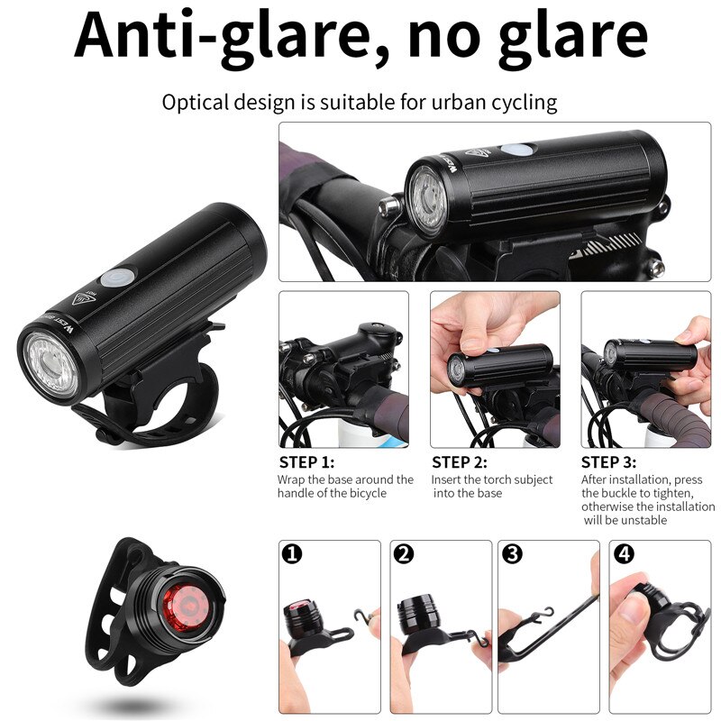 West Fietsen 2000Mah 350LM Fiets Licht Waterdicht Anti-Glare Mtb Fiets Lamp Usb Oplaadbare Led Fietsen Koplamp Achterlicht