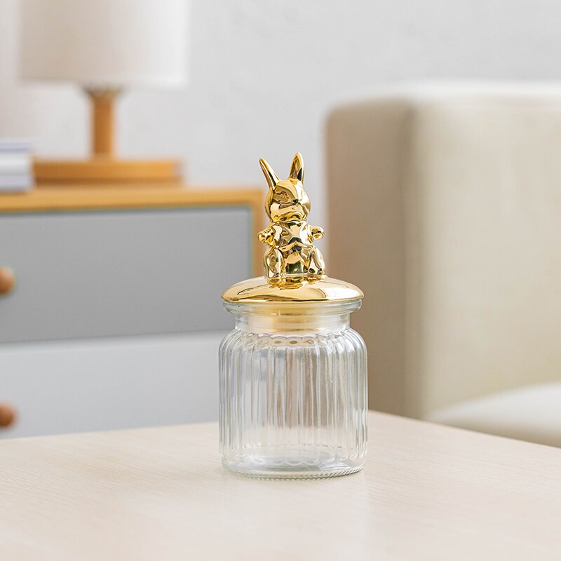 Transparent Glass Storage Jar Golden Ceramic Lid Cute Snack Tea Storage Food Grade Candy Jar Kitchen Storage Supplies: rabbit-S