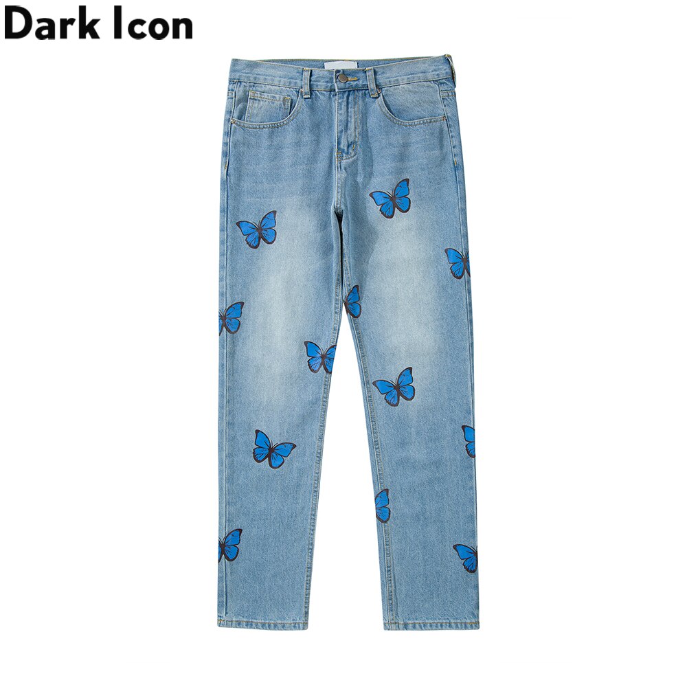 Dark Icon-Pantalones vaqueros de mariposa azul para hombre, ropa de calle alta