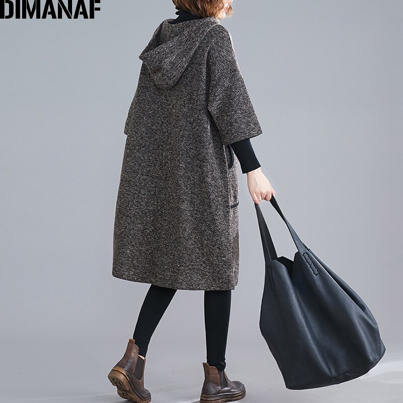 DIMANAF Plus Size Vrouwen Jurk Vintage Herfst Winter Dikke Oversized Losse Vrouwelijke Vestidos Casual Capuchon Zakken Knielange Jurk
