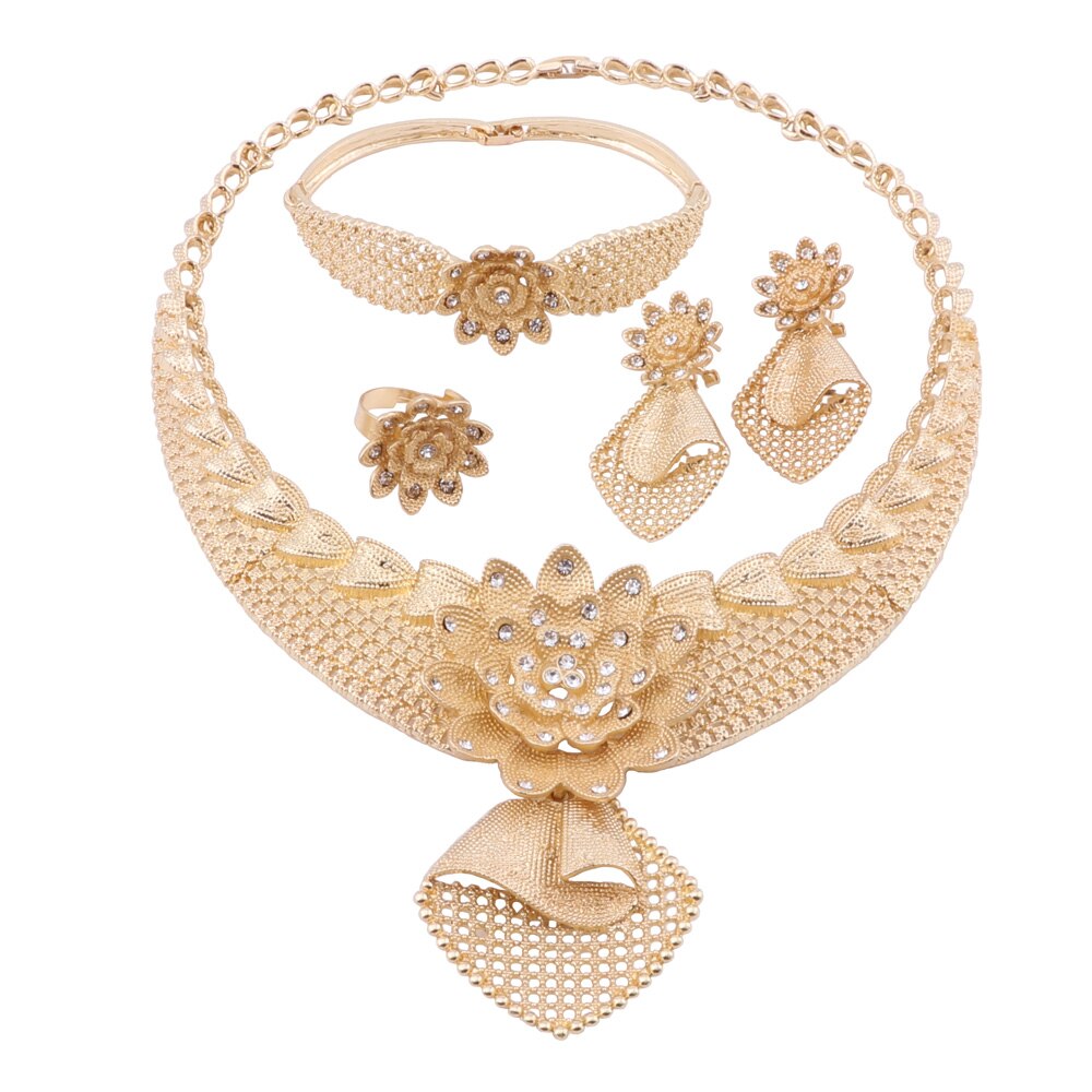 Dubai Gold color Jewelry Sets for Women Necklace Earrings Bracelet Ring Set Women African Beads Indian Bridal Jewelry Sets