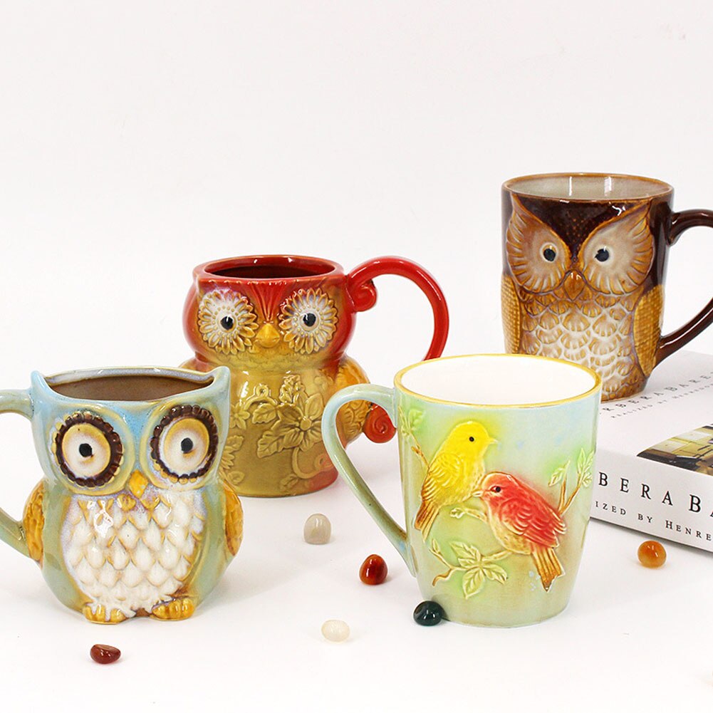 3D Animal café verre mignon tasse hibou imprimé lait café tasse fleur Vase Cocktail en céramique tasses bureau noël Village décor