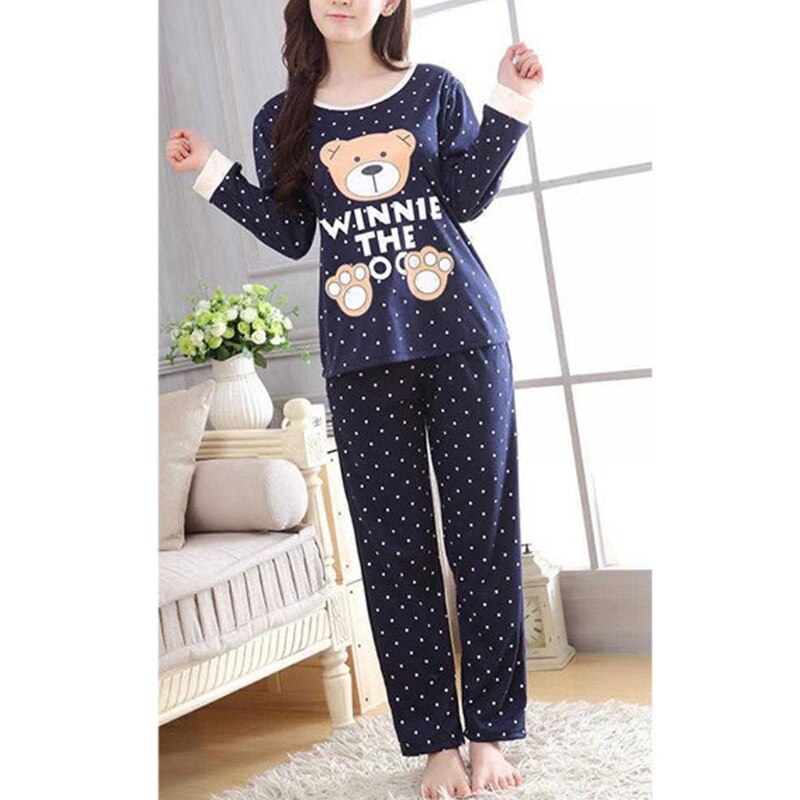 Women Long Sleeve Bear Print Tops And Pants Wave Point Pajamas Set Sleepwear JUN14