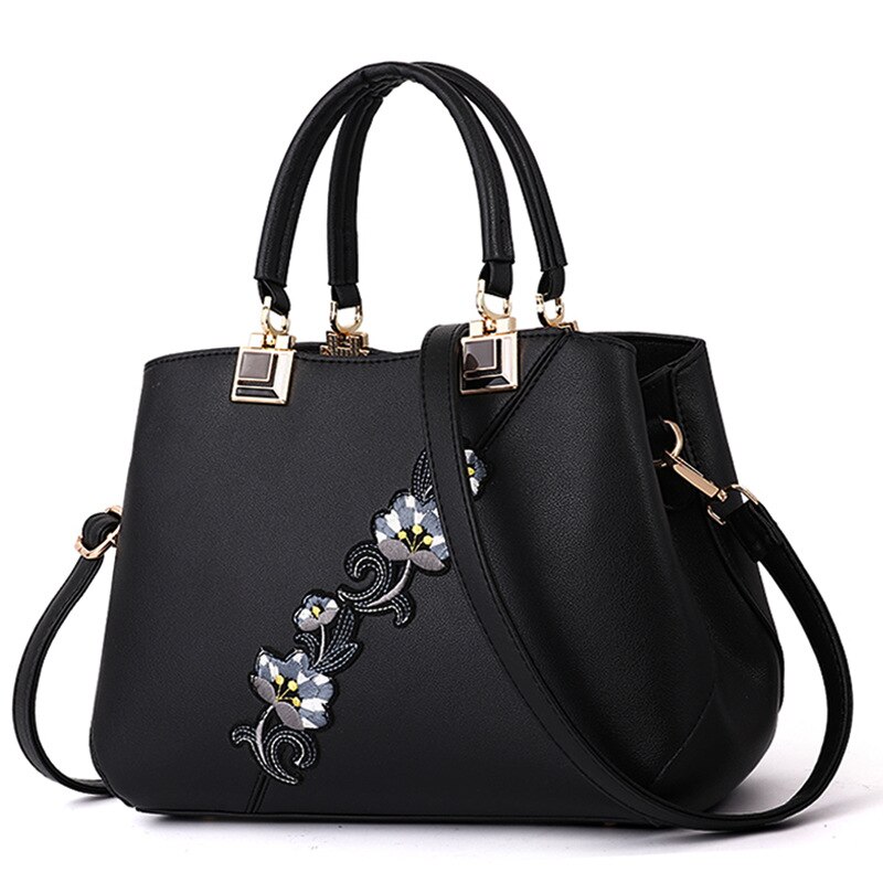 Embroidered Messenger Bags Women Leather Handbags Bags for Women Ladies Hand Bag Female bag: black 1