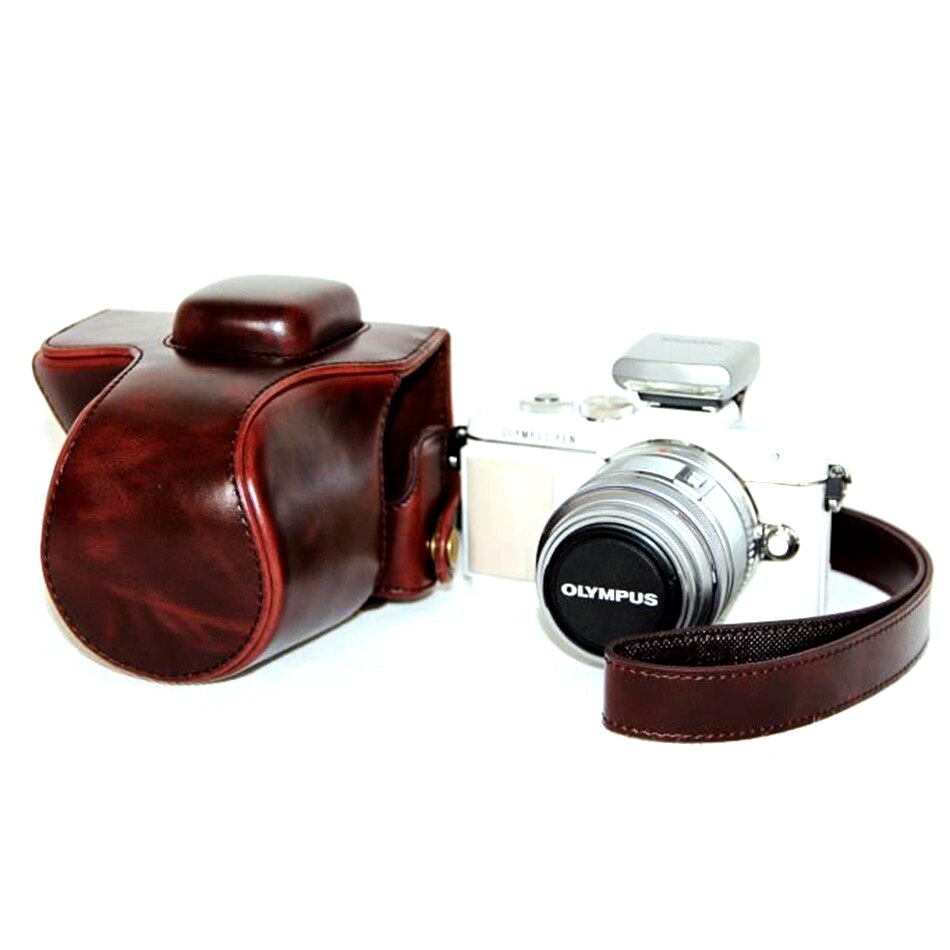 Pu lær kameraveske dekselveske for olympus pen e -pl7 e-pl8 epl 7 epl 8 med 14-42mm objektiv med stropp beskyttende veske