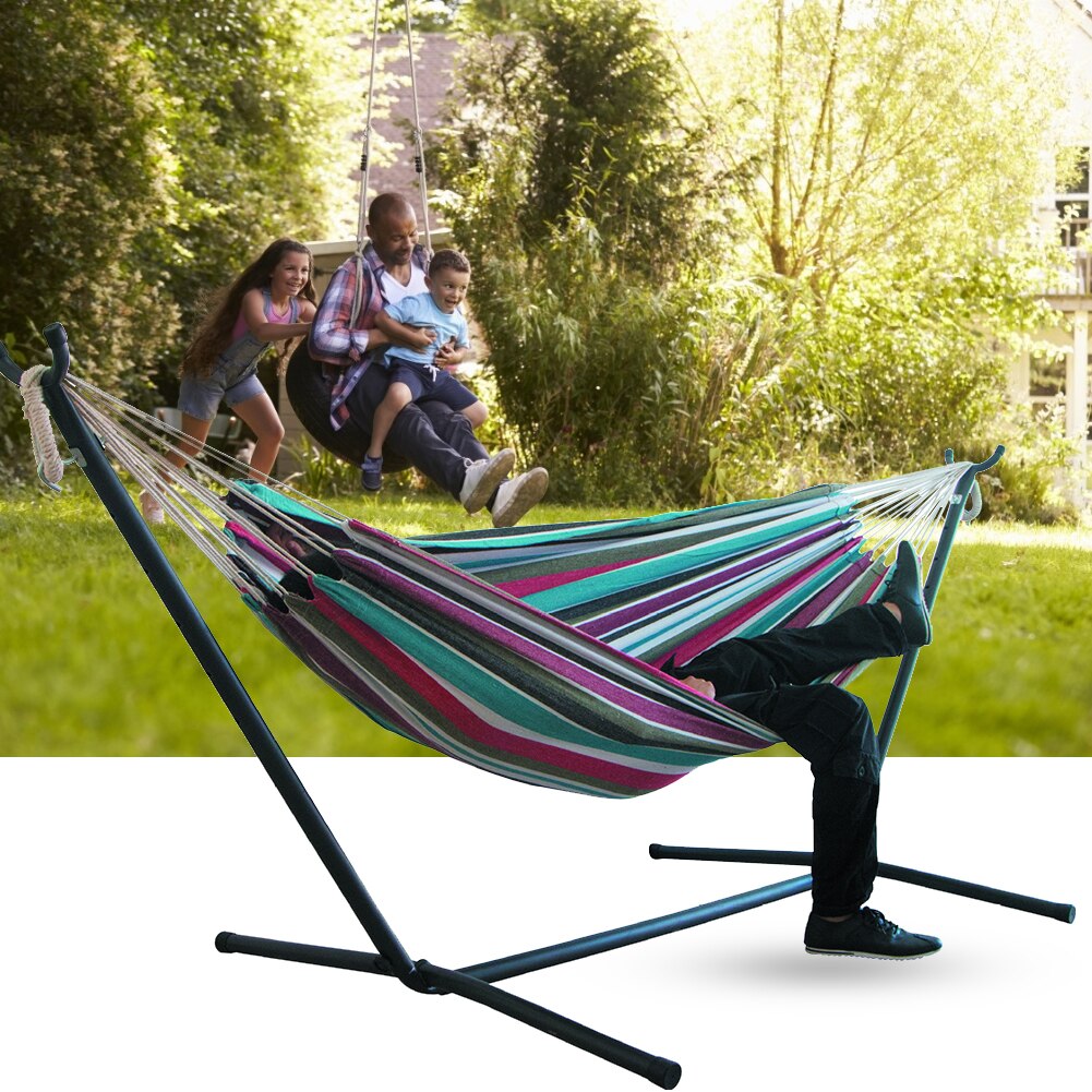 Portable Canvas Hammock Thicken Stripe Double Single People Hanging Hammock Travel Camping Sleeping Bed Outdoor Furniture