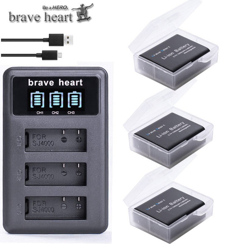 3.7v 1050 mah bateria  sj4000 batteri  sj5000 sj6000 wifi + lcd 3 mye usb-lader til sjcam  sj 4000 5000 6000 7000 8000 sj9000 m10: 3 batterier og 1 lader