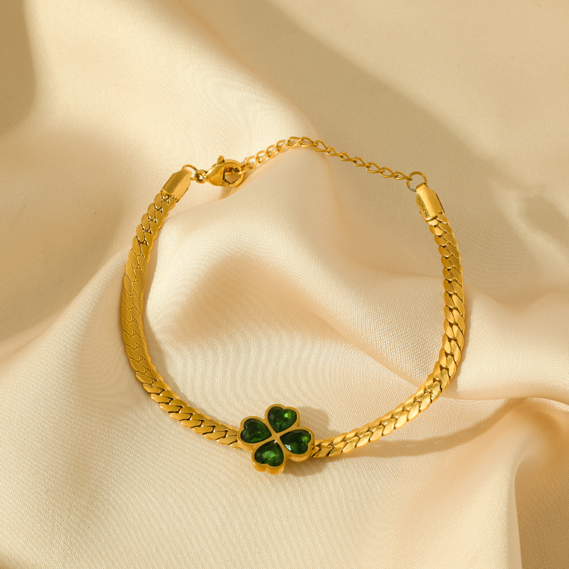 GANEMLY 316L Rvs Groene Kristal Klaver Armband Voor Vrouwen Mode Pols Ketting Waterdichte Sieraden Bijoux