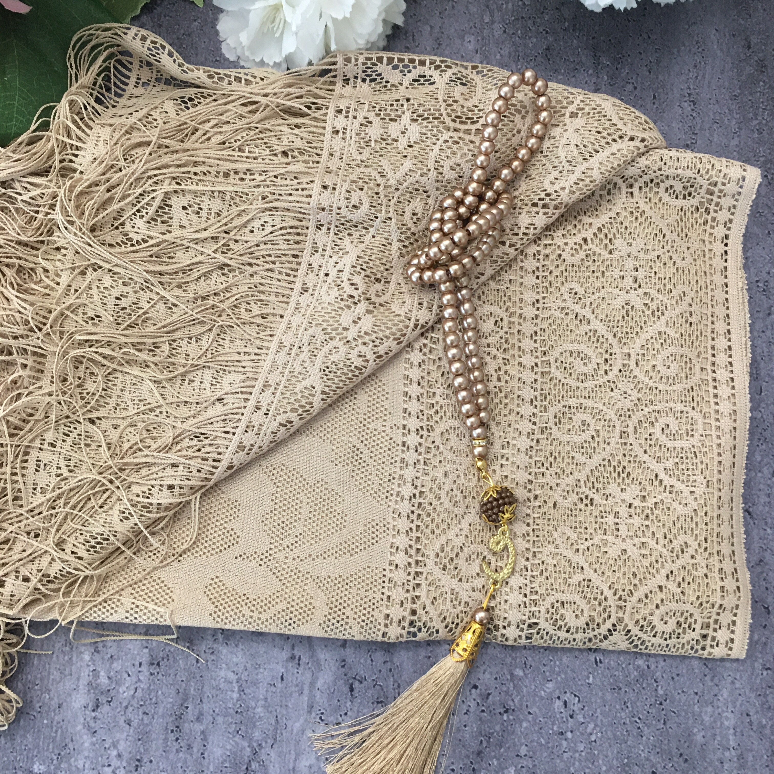 beige sjal tasbeeh sett, sjal islamsk muslim, sjal til kvinne, islamsk til mamma, eid, muslim