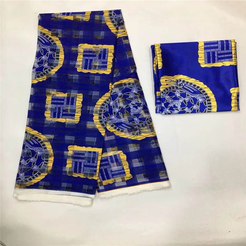 Fashionable African Wax Printed Organza Ribbon fabric 4 yards match 2 yards silk fabric !: Blue