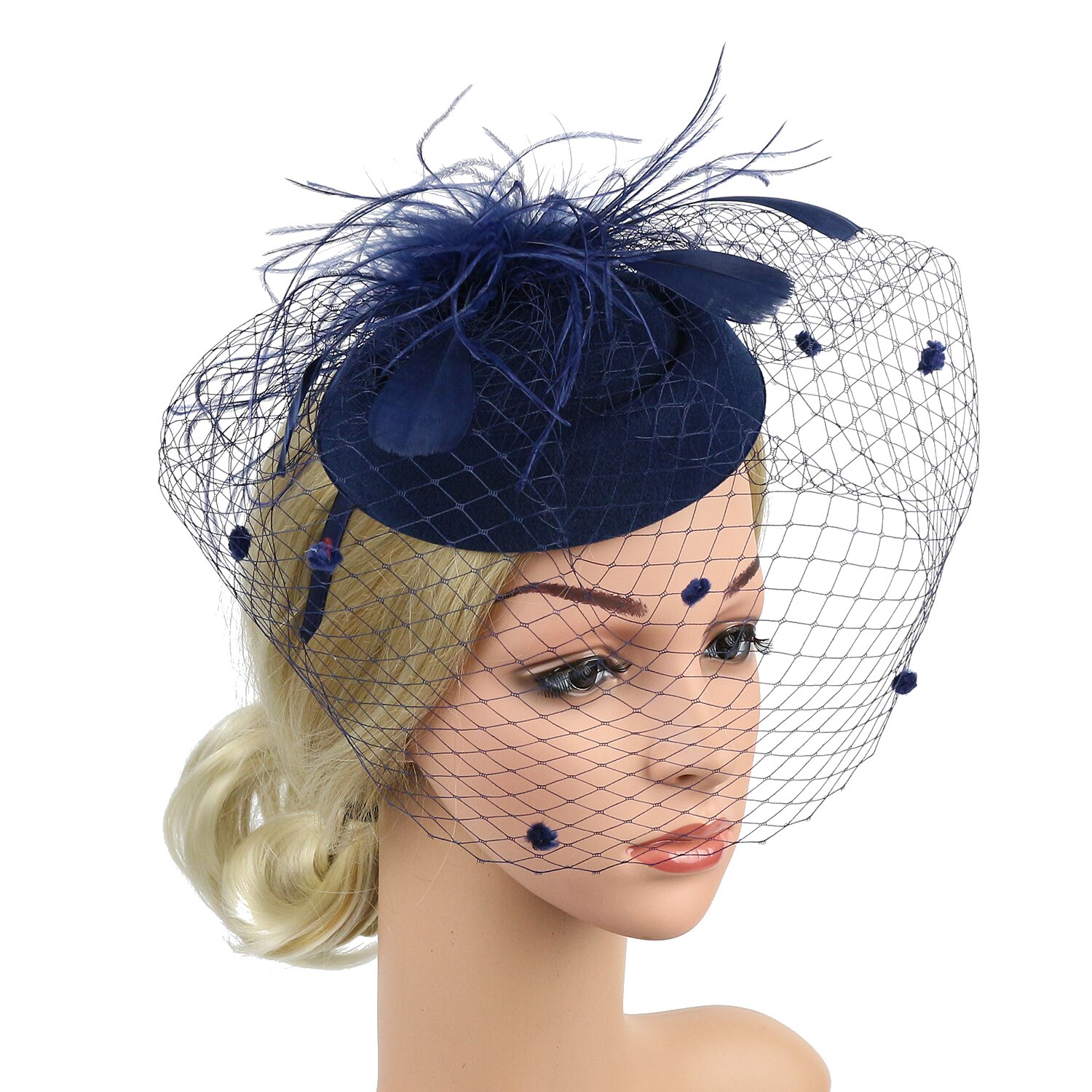 Frauen Fascinator Hütte Hochzeit Kirche Party Netz Schleier Stirnband Hütte Haar Clip Stirnband Blume Dame Schleier Hochzeit Dekor: Marine Blau