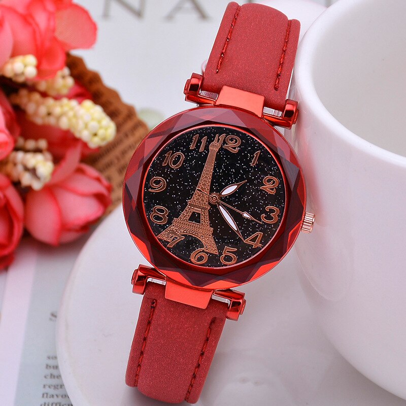Casual Starry Sky Watches for Women Leather Band Ladies Quartz Wrist Watches Women Watches Laides Clock Relogio Feminino: Red Color