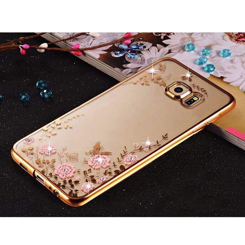 Sunjolly Flower Soft TPU Phone Case Rose Gold Bling Rhinestone Cover coque fundas for Samsung Galaxy A5 A7 J2 Pro J3 J4 J6