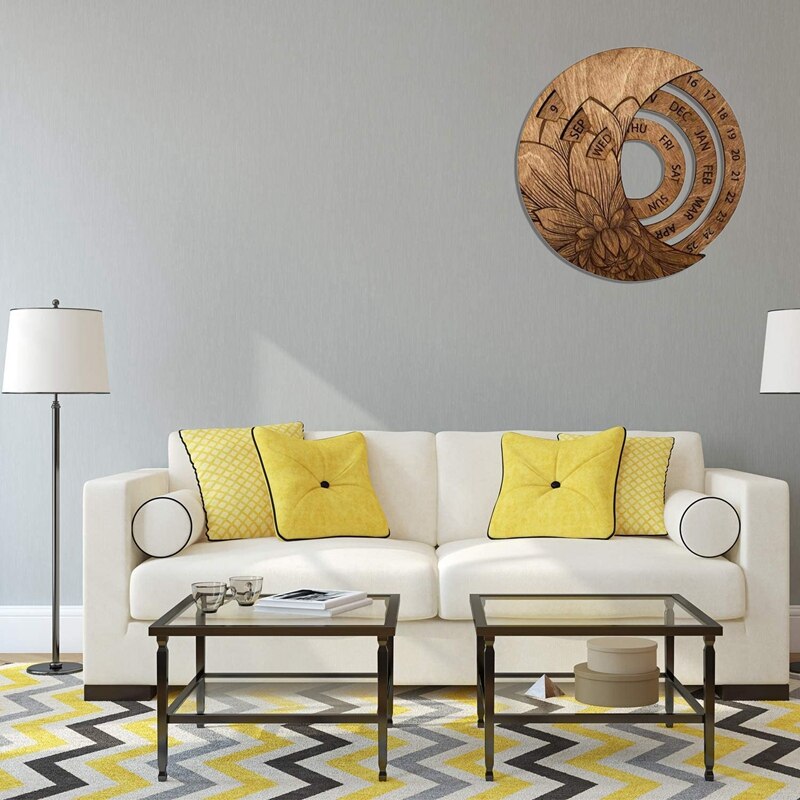 10Inch Wooden Wall Mounted Perpetual Calendar Circular Rotatable Moon Forever Calendar Wall Art for Home-Charcoal