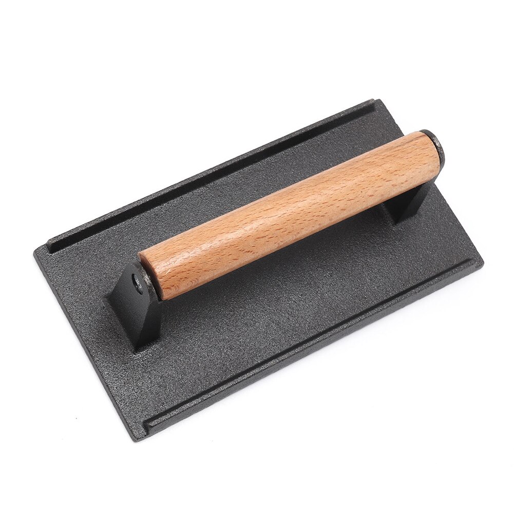 Plate Cast Iron With Wooden Handle Steak BBQ Grill Weight Press Meat Press