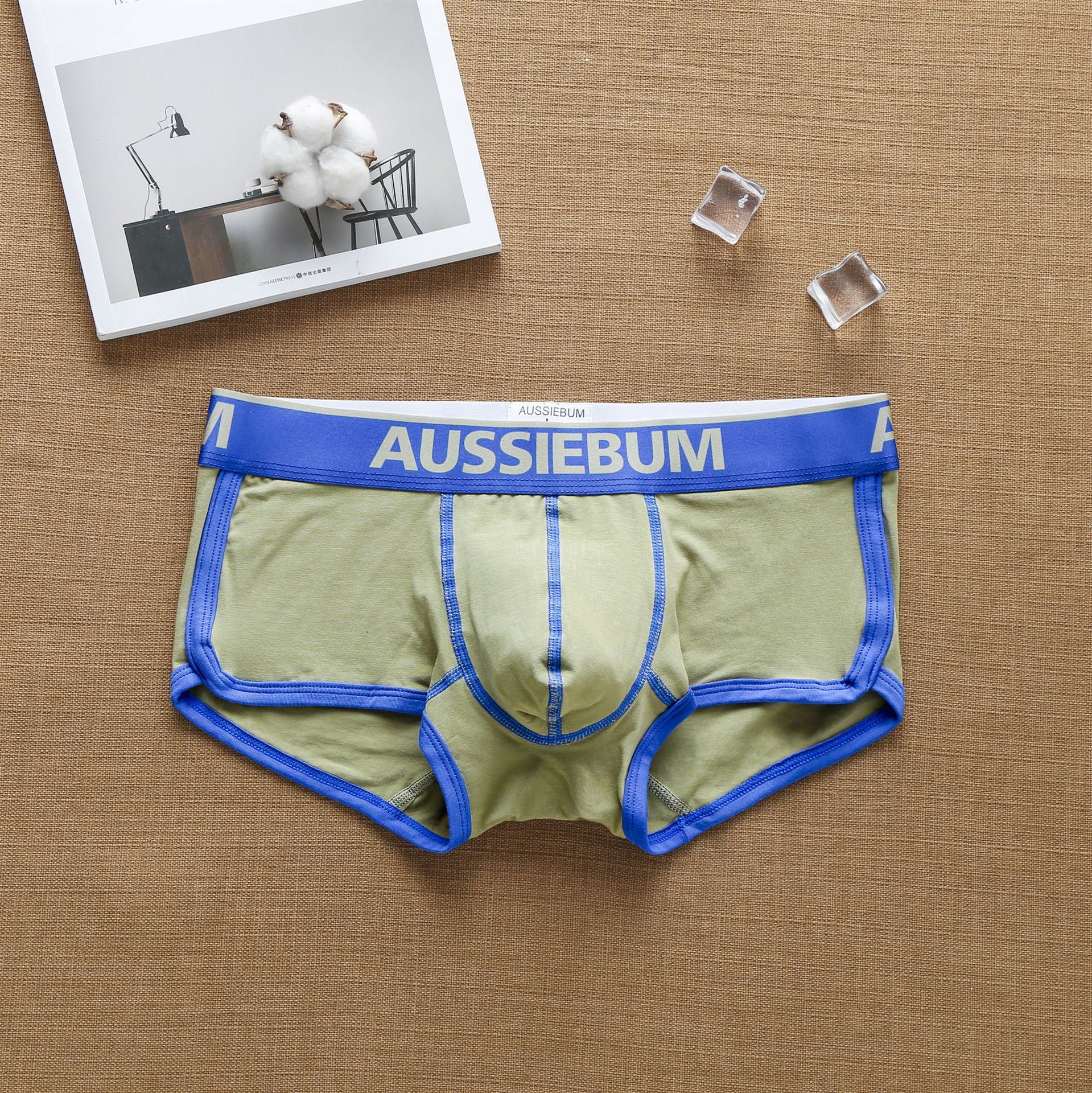 Aussiebum men's cotton boxer shorts with low waist and muscle in Europe and America.T: Army Green / XL