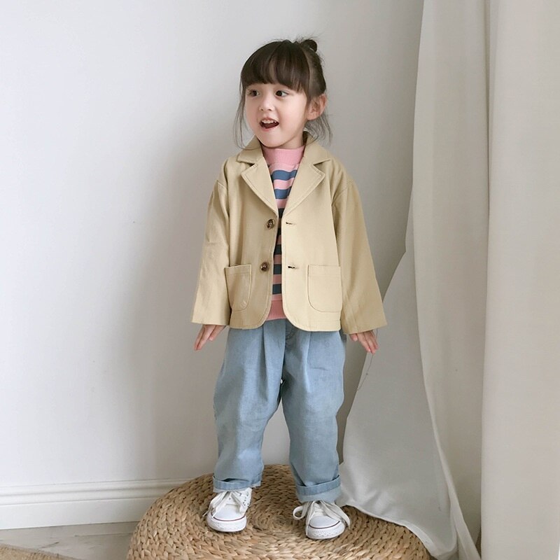 Mode Baby Meisje Jongen Jasje Baby Peuter Casual Jas Enkele Borst Lente Herfst Jas Kid Pak Uitloper Kleding 1-7Y: khaki / 5T