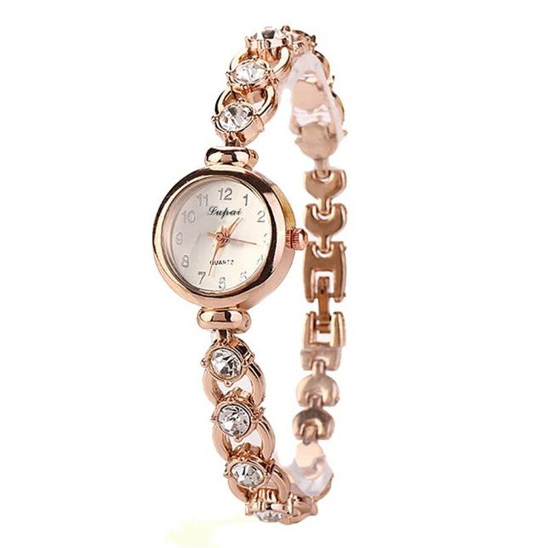 Lvpai dameure rosa guld vintage armbåndsur luksus mærke rustfrit stål med rhinestones kvinde ur relogio feminino: Guld