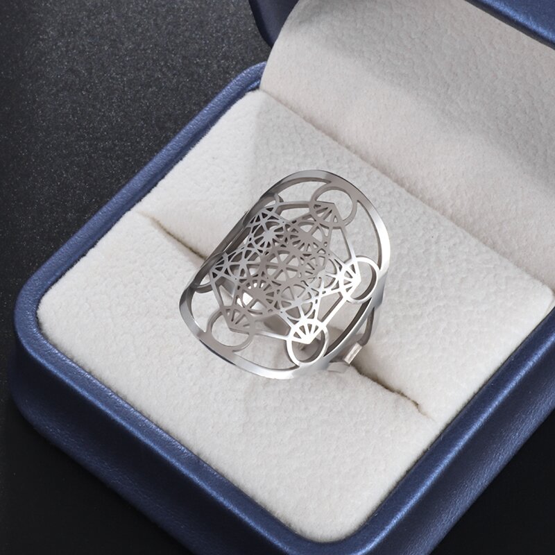 Anillo ajustable abierto de Chakra de flor de la vida de acero inoxidable de , moderno y exquisito, informal y versátil: Blanco