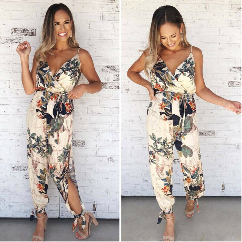 Dames jumpsuits zomer casual effen mouwloos v-hals slank plus size linnen veter lange jumpsuit
