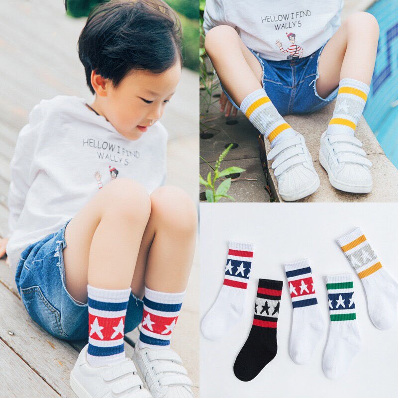 Lot de 5 paires de chaussettes en coton à rayures étoiles pour garçons et enfants, collection printemps-automne