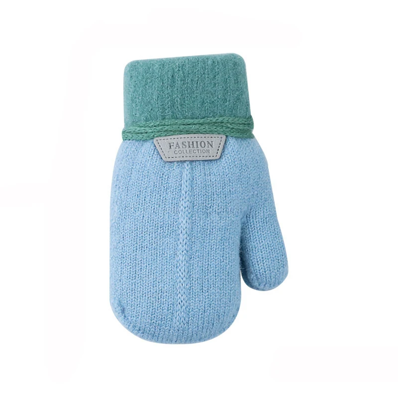 Children's Gloves Winter Solid Thicken Plus Velvet Halter Gloves For Kids Toddler Outdoor Keep Warm Knitted Mittens With Rope: Gold / S