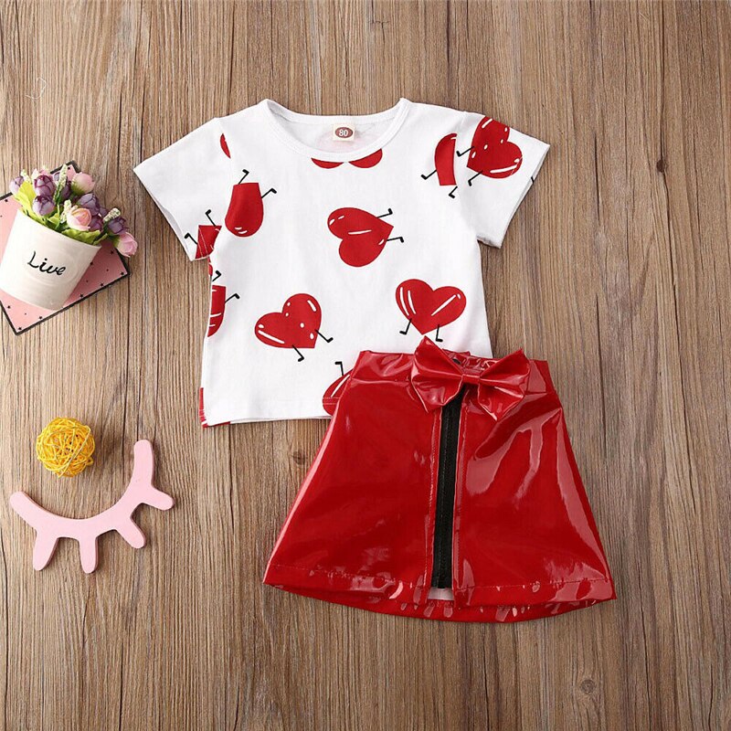 2020 Toddler Girl Clothes Set Kids Baby Infant Summer Clothing Girls Cute T-shirt top Set di gonne in pelle PU rossa