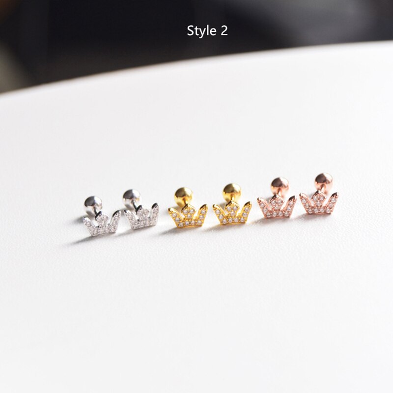 925 sterling silver earrings zircon mini crown screw stud earring ear bone nails wild trend woman girl ear jewelry