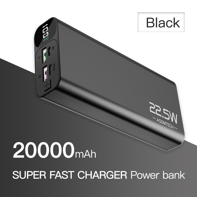 TOPZERO 20000mAh Power Bank PD QC 3.0 VOOC 22.5W Super Fast Charger Digital Display Portable Charger Powerbank For Mobile Phones: Black