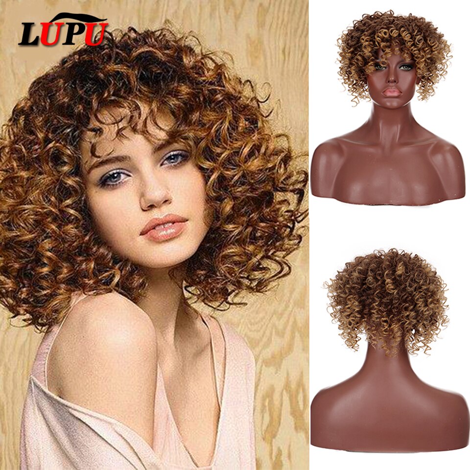 Xnaira Synthetic 20CM Faux Afro Curly Hair Wigs Women's Natural Black Gold Curly Heat-Resistant Hairpiece