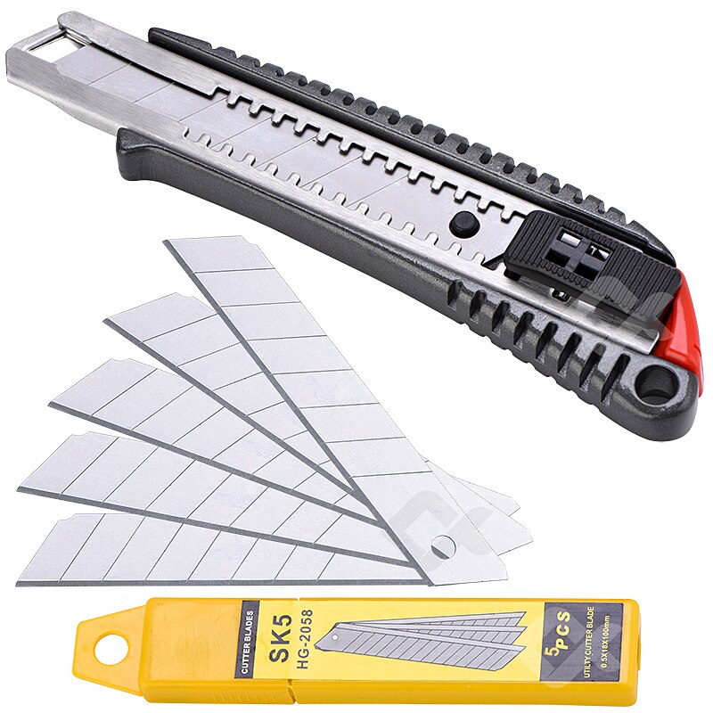Retractable Utility Knife Extra 5Pcs Blades Box Cutter Self Loading Heavy Duty Snap Off Quick Change TPR+PP Handle Cutting: THKNS-002