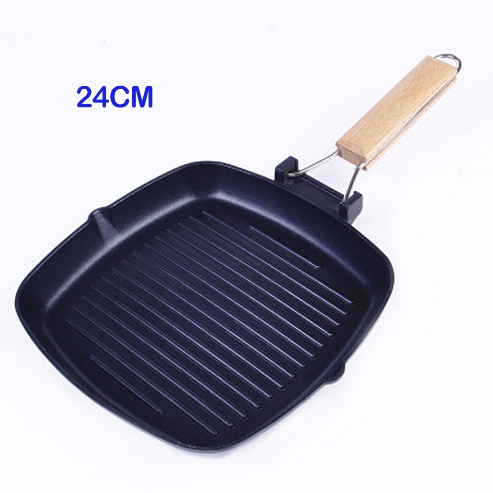 Non-stick Steak Frying Pan Cast Iron Wooden Handle Folding Pancakes Frying Pan Square Grill Plate Kitchenware Cooking Tools: 24CM