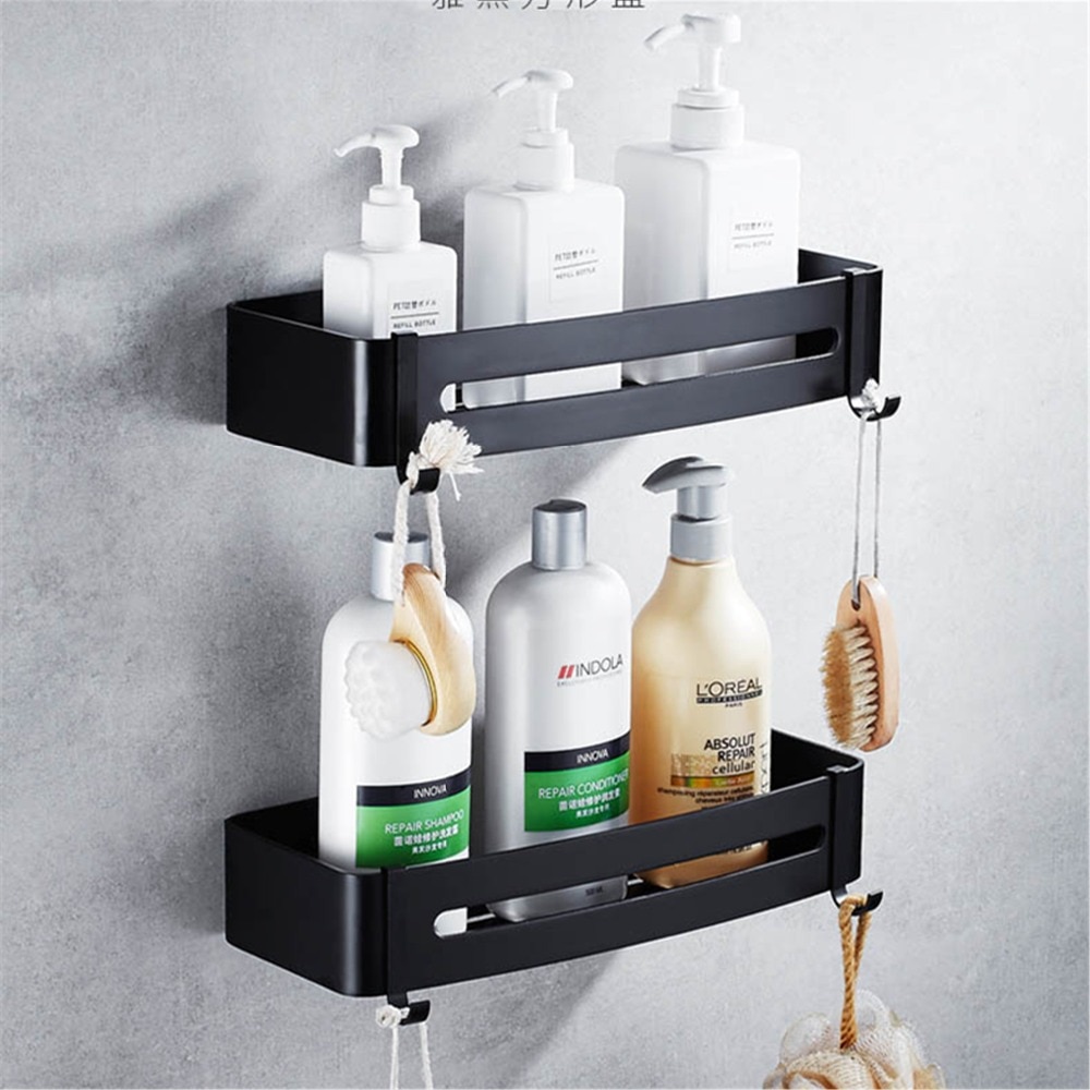 Ruimte aluminium Zwart Badkamer Planken Muurbevestiging Hoek Douche Rack Shampoo Opbergrek Badkamer Accessoires