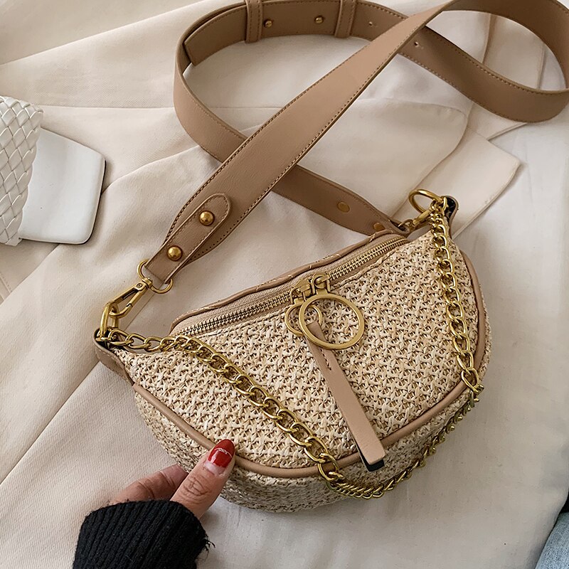 Chain Shoulder Messenger Bag Travel Chest bag Straw Crossbody bag Summer Women's Handbag: Khaki