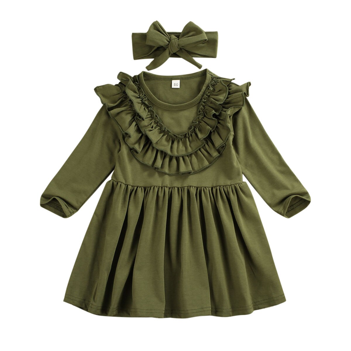1-6Y Peuter Kids Baby Meisjes Jurk Ruches Lange Mouwen Effen Party Casual Dress Hoofdband Kleding Outfits: green / 5T