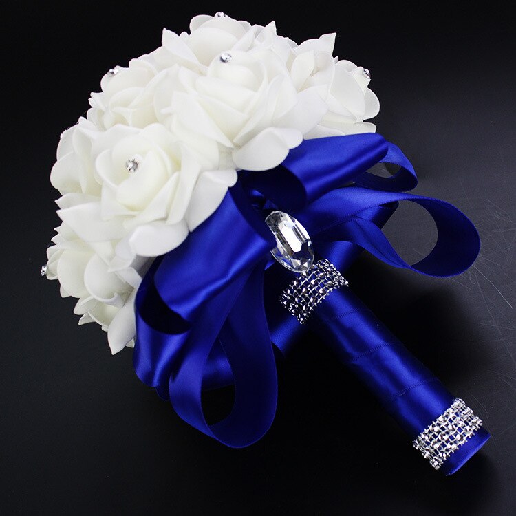 Handmade Beautifu Lilac Bridal Bridesmaid Flower Wedding Bouquet Artificial Rose Ribbon Crystal Bouquets de noiva: Royal blue
